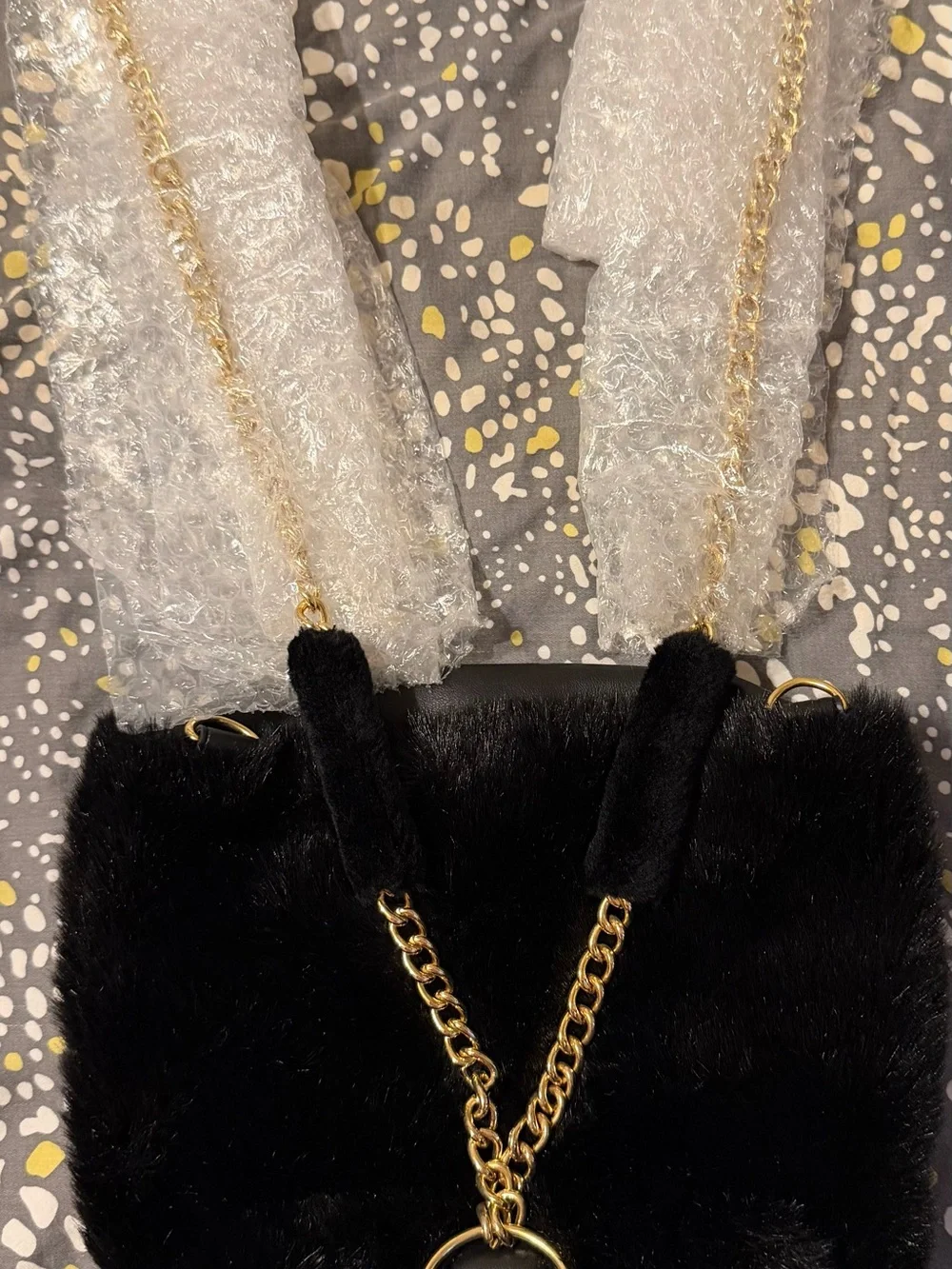 Hello Kitty Black Faux Fur Shoulder Bag with Gold Bow Accent